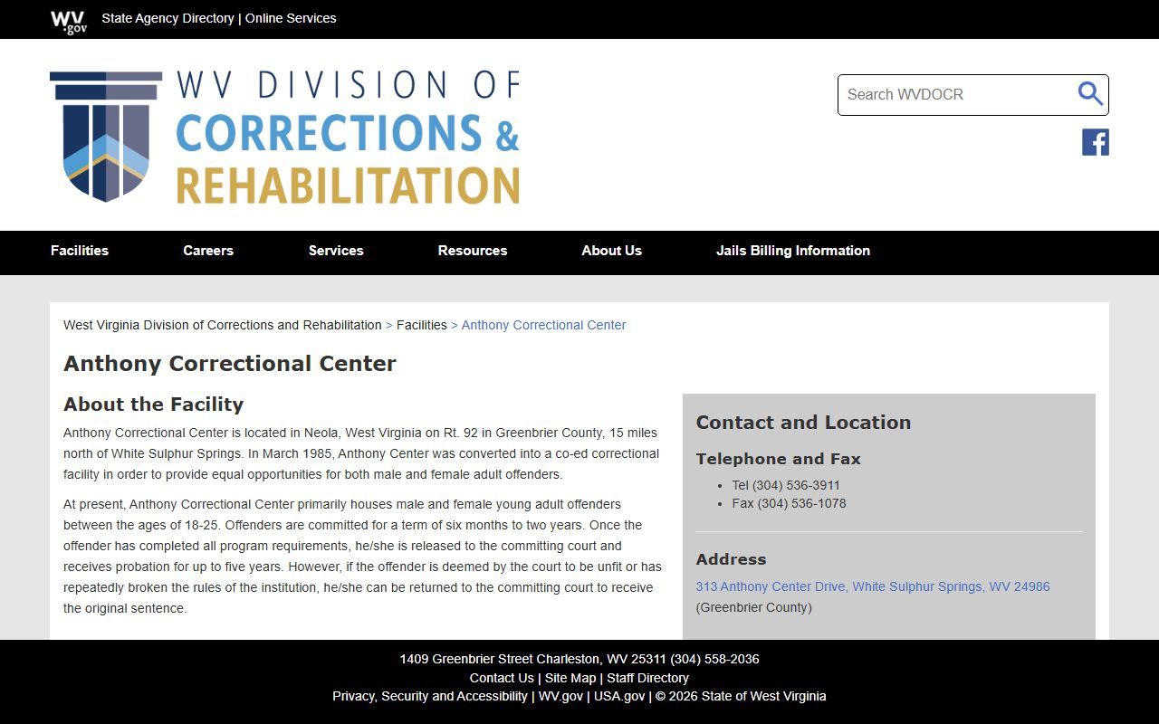 Anthony Correctional Center inmate lookup page source image for Greenbrier County