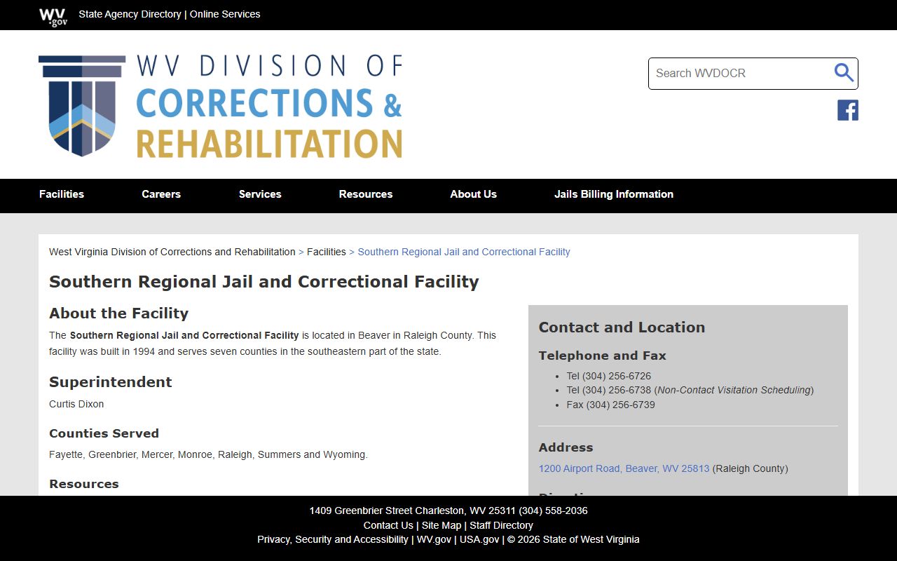 Southern Regional Jail and Correctional Facility inmate lookup page source image for Greenbrier County
